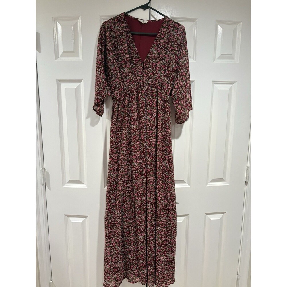 Entro Women's Floral Print Maxi Dress Size Small Burgundy Fall Boho Cottagecore - Picture 4 of 5
